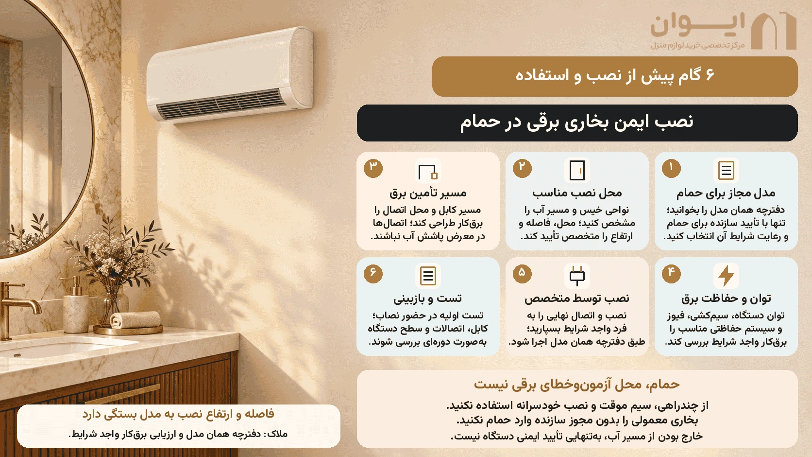 نکات ایمنی قبل و بعد از نصب بخاری برقی در حمام